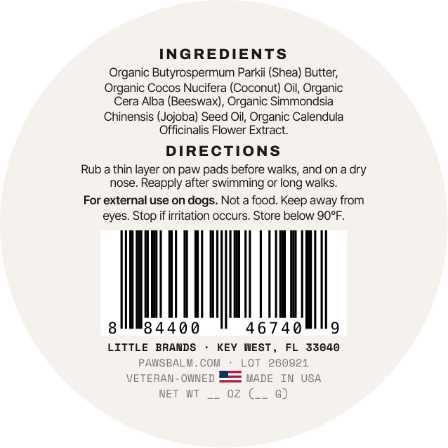 PawsBalm back label with the ingredient list, directions, safety statement, barcode and maker line
