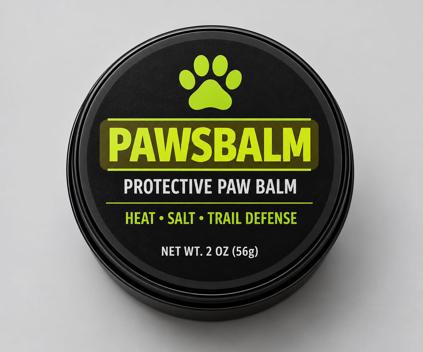 PawsBalm Protective Paw Balm — 2 oz round black tin with lime-green paw print logo